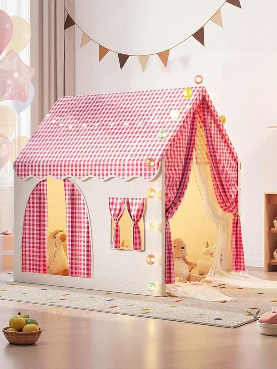 Children's Game House Tent, Large Indoor Parent Child Interactive Game Room, Crawling Game House Tent Suitable For Both Boys And Girls, Outdo Or Fun Game Tent, Durable Checkered Tent, Perfect Gift For Children, Tent For Kids, Tent, Equipped With Star Lights (Without Battery) - Bộ lều màu hồng + đèn A (rèm vải) - Xem 1