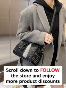 时尚百搭手提包，独特设计，纯色流苏铆钉波士顿包，优雅斜挎包，简约休闲宽肩带单肩包，适合通勤、外出、约会和购物。 - 黑色 - 查看 2