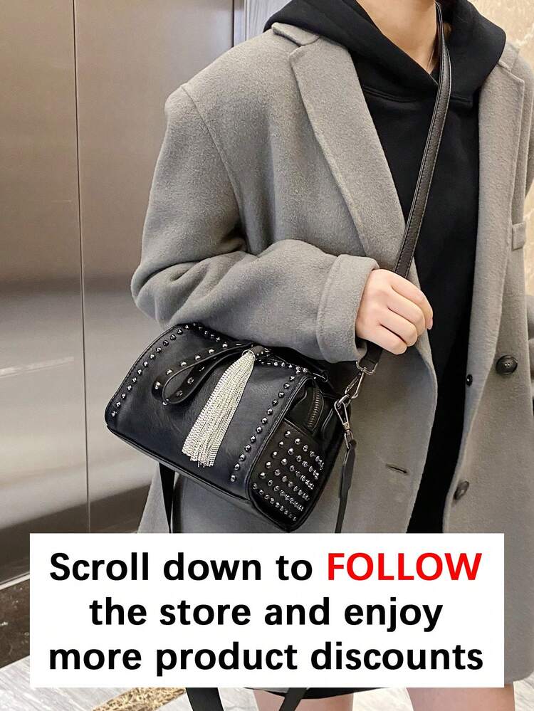 Fashionable Versatile Handbag, Niche Design, Solid Color Tassel Rivet Boston Bag, Elegant Crossbody Bag, Minimalist Casual Wide Strap Shoulder Bag, Suitable For Commuting, Outing, Dating And Shopping