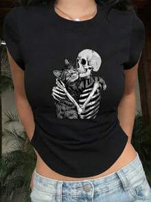Summer New Minimalist Fashion Design Cartoon Skull Hugging Cat Print Casual Round Neck Short Sleeve Fitted Waist Versatile Women Top - Black - View 2