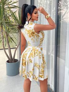AIJ Amarilo Women'S White & Yellow Floral Print Cutout Mini Dress - Mock Neck Sleeveless Pleated Skirt, Sexy Beach Vacation Outfit, Summer - Yellow - View 2