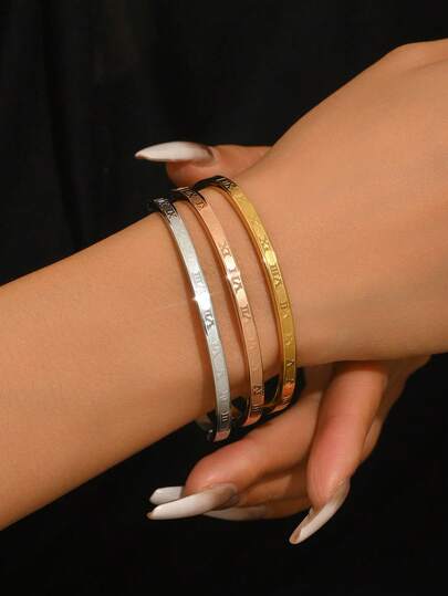 Set de 3 pulseras apilables de acero inoxidable con números romanos tricolor de estilo minimalista, uso diario para parejas, regalo para el Día de San Valentín