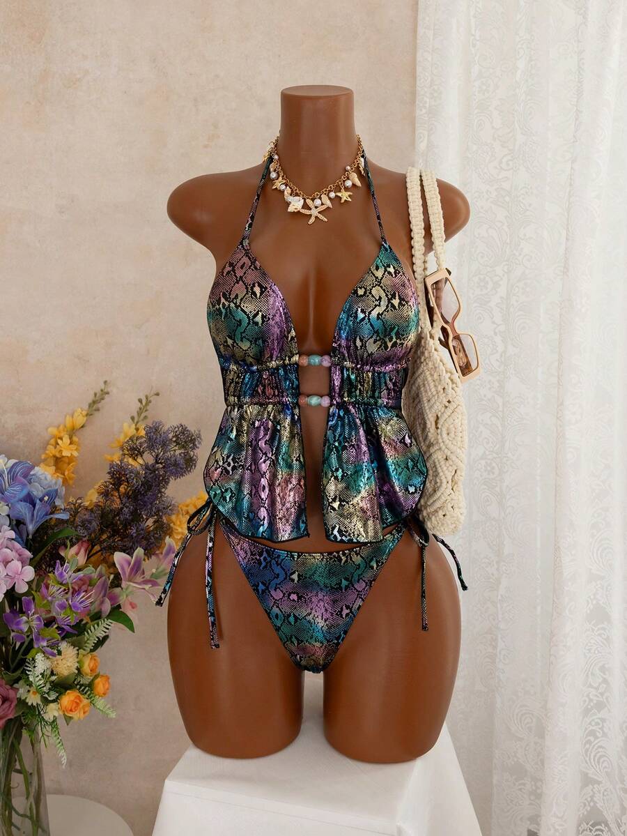 女士亮面蛇纹比基尼套装，夏季 - 彩色 - 查看 1