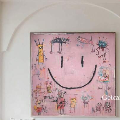 1 Piece, Abstract Graffiti Painting, Pink Smiling Face, Canvas Pop Art Graffiti Wall Painting, Modern Home Decoration, Suitable For Home Decoration, Room Decoration, Bedroom Decoration, Living Room Decoration, Bathroom Decoration, Wall Decoration, Framed Wall Art Optional.