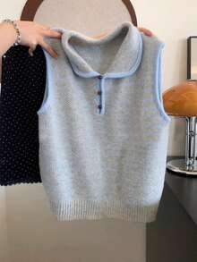 Women's Polo Collar Striped Inlaid Contrast Trim Button Sleeveless Knit Top, Casual Wear Summer - Gray and White - View 5