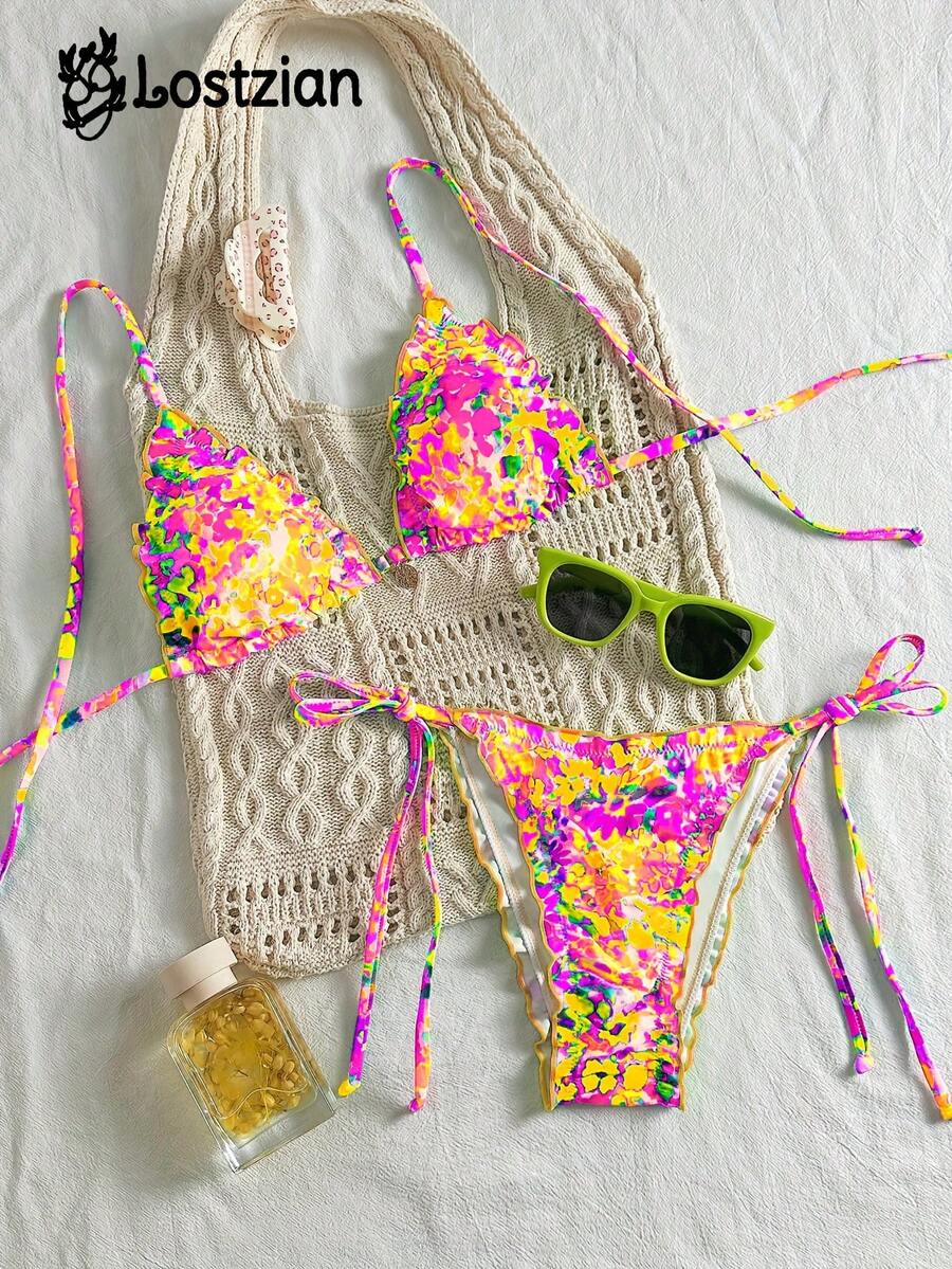 2026款性感优雅比基尼泳衣，涤纶材质，彩色豹纹印花，荷叶边系带露背设计，吊坠装饰，可爱海滩度假/泳池派对/情人节/狂欢节性感优雅装扮，关注店铺 - 多色-B - 查看 1