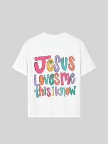 Tween Girl "Jesus Loves Me" Slogan Print Round Neck T-Shirt, Summer Top - White - View 5