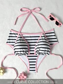 加大码两件套格子性感优雅休闲度假沙滩约会比基尼套装，女士夏季款 - 彩色 - 查看 4