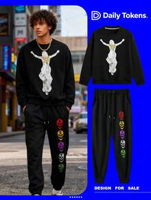 2-Piece 250g Essentials Crewneck Sweatshirt,Jesus Design Decorated Long Pants Set,Graphic Crewneck Sweatshirt,Streetwear,Y2k,Clothes For Men,Crewneck Sweatshirt For Men,Long Sleeve Tops,Fall Clothes For Men,Funny Crewneck Sweatshirt,Men'S Casual Graphic Sweatshirt & Jogger Set - Pink & Black Print Design, Loose Fit, Long Sleeve Pullover With Drawstring Waist, Perfect For Fall/Winter, Comfortable Clothing|Casual Style|Stretchy Fabric - màu đen - Xem 2