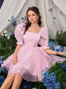 优雅甜美派对纯色花瓣袖连衣裙 粉色夏季 - 粉色 - 查看 7