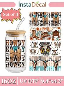 4件套西部牛仔女郎与牛仔竞技UV DTF转印贴纸，适用于16盎司Libbey玻璃杯（9.4x4.3英寸），Howdy Boots骷髅粉色蝴蝶结绿松石防水贴纸，狂野西部美学贴花，无需加热 - Western Cowgirl 03 - 查看 1