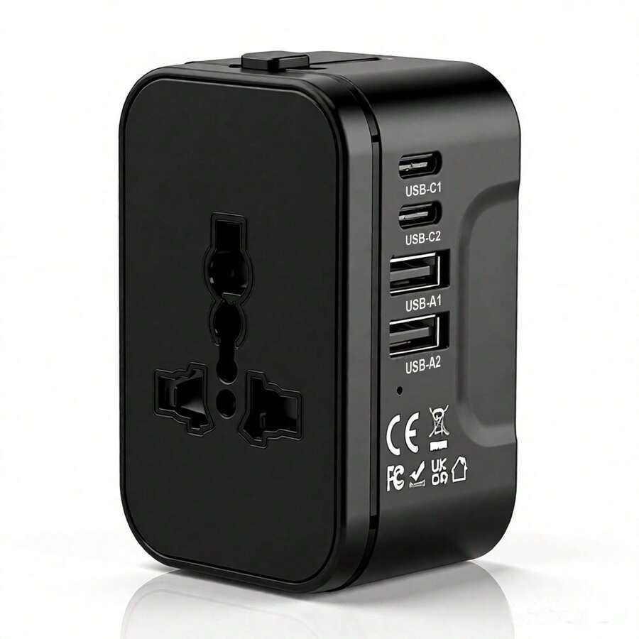 phenomdom 1pc Universal Travel Adapter, 2 Type-C (Max 3A) + 2 USB (Max 2.4A) Fast Charging Ports, 5-In-1 AC Power Outlet Adapter With Dual Fuse, Suitable For USA/EU/UK/AU, For Home, Office And Travel Use