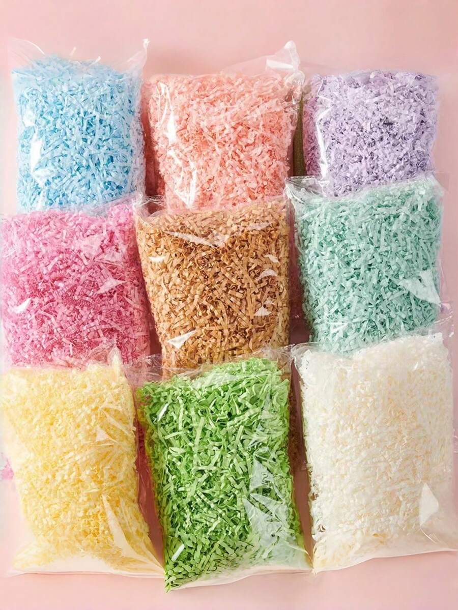 5色皱纹拉菲草纸碎，100克/50克/30克/10克，适用于DIY情人节、圣诞节、复活节、开斋节、新年派对装饰、生日、婚礼礼盒填充物和包装材料