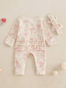 Baby Girls Ribbed Romper Bow Print Zipper Long Sleeves Jumpsuits And Cute Headband Set For Toddler Infant Outfits - Khaki - View 4