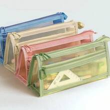 1pc Transparent Thick Mesh Double-Layer Pencil Case, Extra Large Capacity Easily Fits All Exam Stationery - Single Piece - View 13