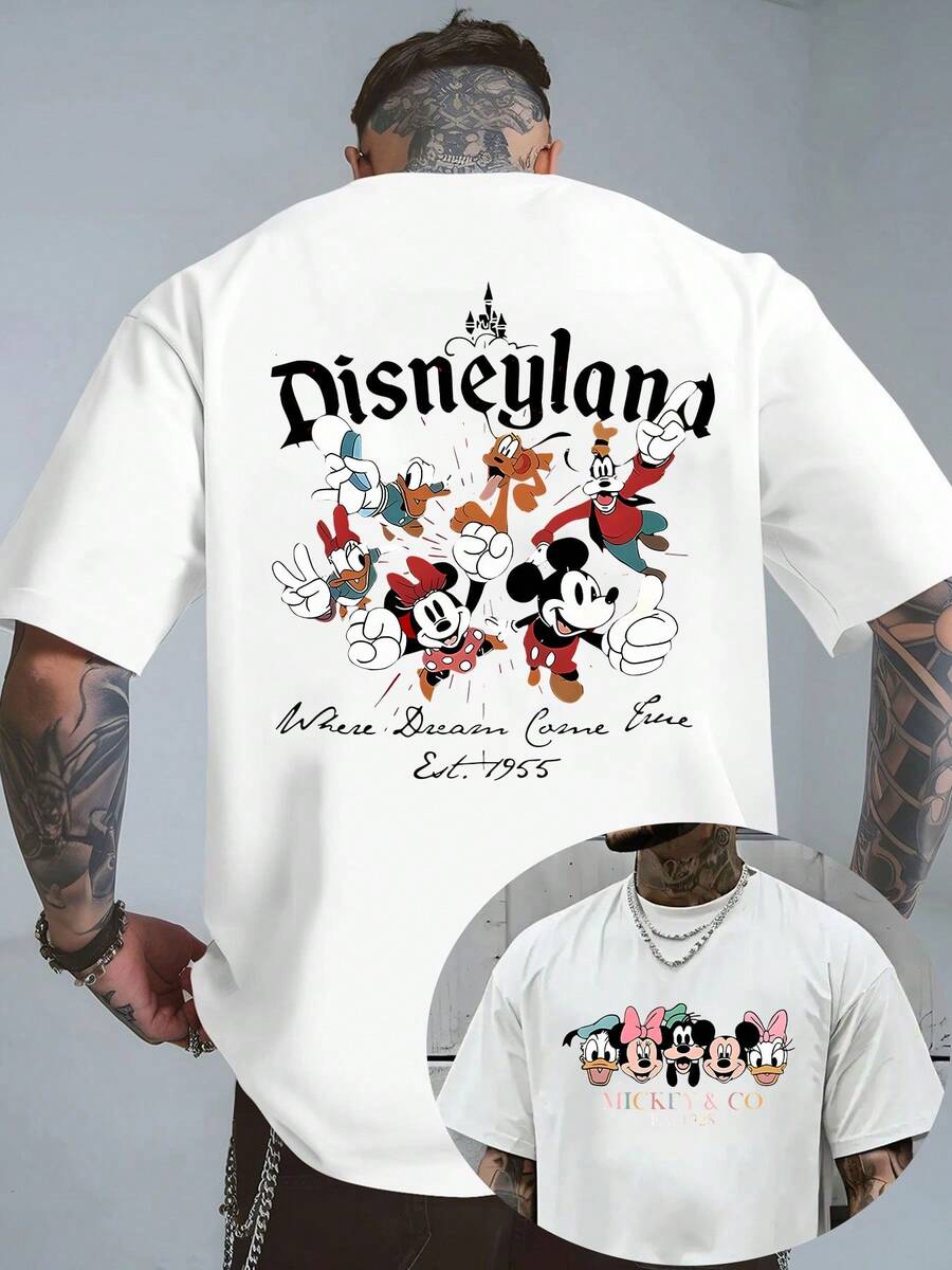 Disney Disneyland Est. 1955 Mickey & Co Double-Sided Graphic Oversized T-Shirt, Unisex Disney Park Retro Mickey & Friends Te - trắng - Xem 1