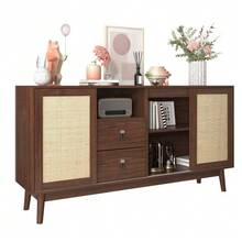 Buffet With 3 Sliding Doors In Genuine Rattan And 2 Drawers, 155 X 38 X 80 Cm, Breathable, Stable And Versatile - Camel - View 9