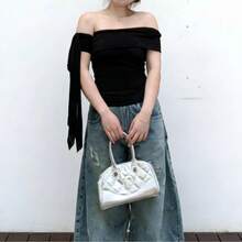 辣妹風露肩蝴蝶結時尚簡約休閒上衣 女款夏季露背百搭短袖純色黑色 - 黑色 - 查看 7