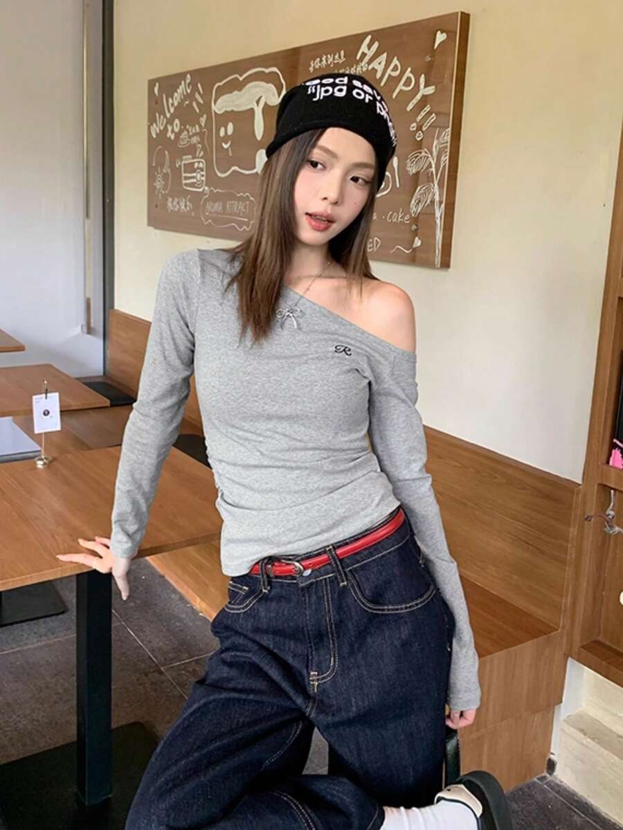 Spring/Summer Off-Shoulder Casual Sweet Cute Letter Embroidery Grey Fitted Long Sleeve Blouse For Women - Grey - View 1