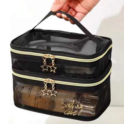 Large Capacity Nylon Mesh Cosmetic Bag, Women's Portable Travel Toiletry Bag, Lightweight Breathable Design, Multi-Functional Outdoor Travel Makeup Organizer, Spacious For Makeup, Skincare, Toiletries, Suitable For Daily Use And Travel