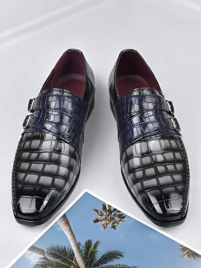 1 Pair Men's Dual-Tone Crocodile Embossed PU Leather Pointed Toe Chelsea Boots, Comfortable Rubber Sole For Business & Casual Wear