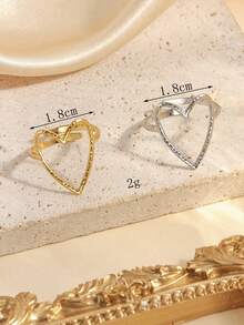 两件套不锈钢简约金银心形开口戒指，适合女士日常佩戴或作为礼物 - 彩色 - 查看 4