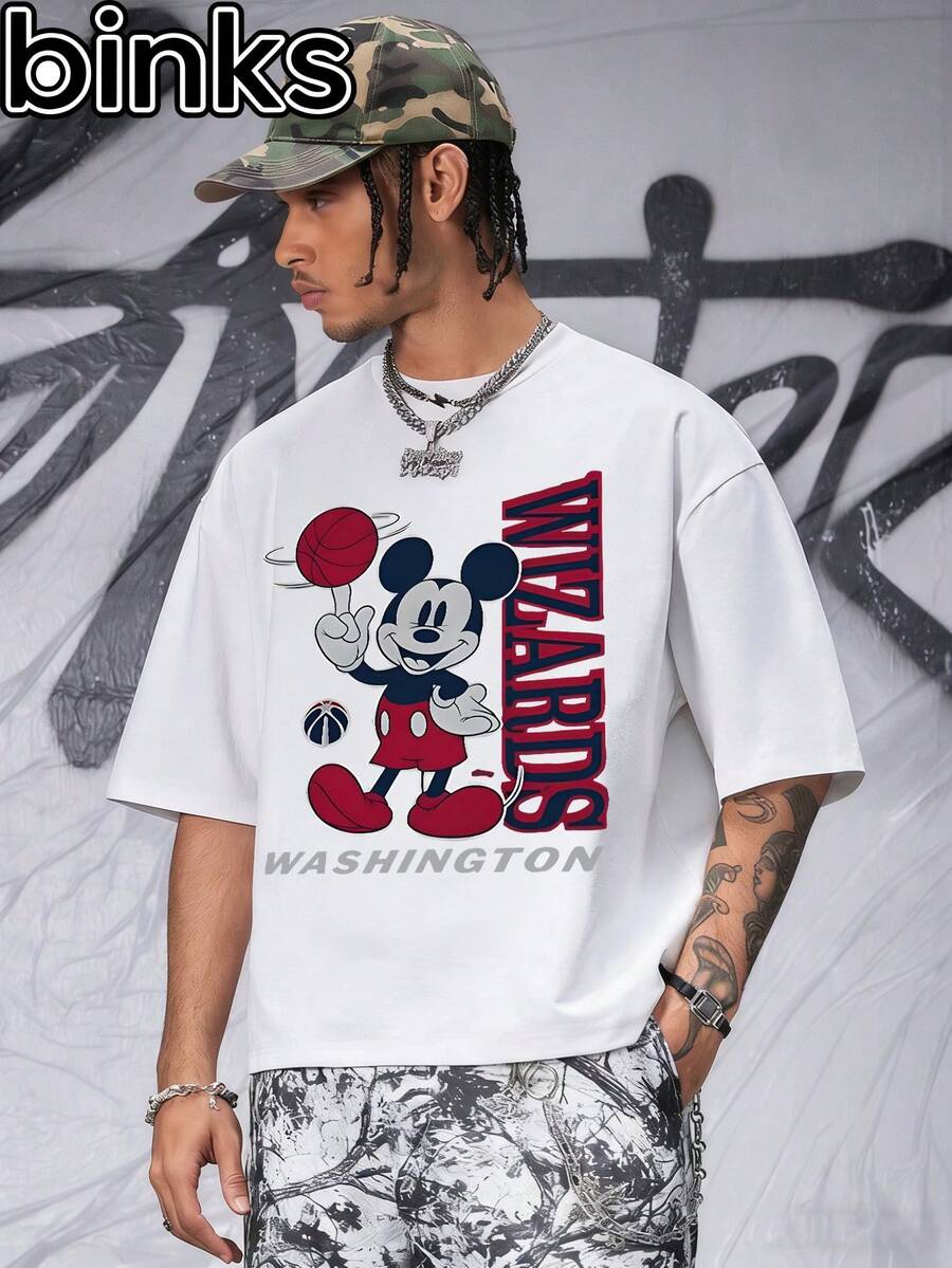 Disney Binks Mickey Mouse, Basketball Cartoon Printed Short Sleeved T-Shirt, A Fashionable And Loose Short Sleeved Street T-Shirt. Spring And Summer Fashionable Versatile Tops, Holiday Gifts, Vintage Prints. - 白色 - 查看 1