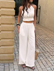 Conjunto de dos piezas elegante para mujer de PoPoHouse - Top corto con cuello halter y volantes en la espalda, y pantalones anchos de pierna ancha - Casual, diario, verano, vacaciones, playa, cita, fiesta, salida - Conjunto blanco - Blanco - Ver 8