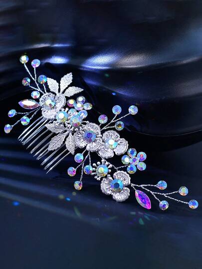 1pc Exquisite Alloy Flower & Leaf Rhinestone Decorated Hair Comb, Handmade Women Casual Hair Accessory Suitable For Party, Gathering, Ball, Banquet