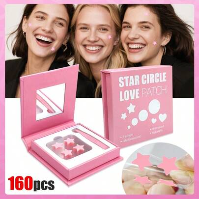 160片/2盒，80片/1盒，可爱明星装饰贴纸 - 面部贴纸，不含酒精，无异味，温和亲肤，易于粘贴，防水，非常适合派对装饰、面部贴片，带化妆镜，化妆品，价格实惠，旅行，卧室，化妆配件