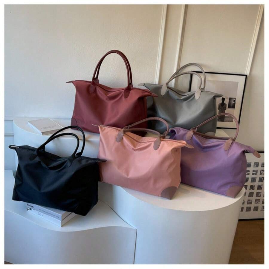 Túi tote nylon - Túi du lịch màu hồng dung tích lớn với viền da, túi xách qua đêm gấp gọn dành cho nữ. - Nhiều màu - Xem 1