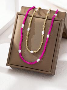 2pcs Fashionable Bohemian Minimalist Pearl Beaded Necklace Set For Women - Hot Pink - View 3