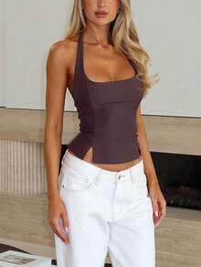 Slit Backless Halter Crop Tops For Women Summer Square Neck Going Out Sleeveless Cropped Tank Tops - Dark Brown - View 2