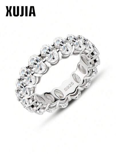 XUJIA 1pc All-Around 6x4mm Oval Cut Cubic Zirconia Full Eternity Band for Women 925 Sterling Silver CZ Anniversary Wedding Band Ring Jewelry Gifts