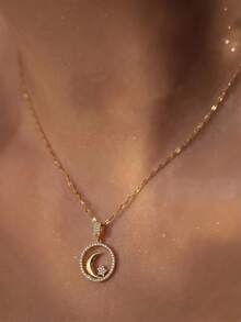 1 chiếc mặt dây chuyền hình trăng sao đính đá Cubic Zirconia tinh tế, dây chuyền đeo xương đòn, mặt dây chuyền hình tròn rỗng mạ vàng 18K, trang sức thiên thể, quà tặng thời trang cho nữ, trang sức tông vàng cho phái đẹp. - Vàng - Xem 1