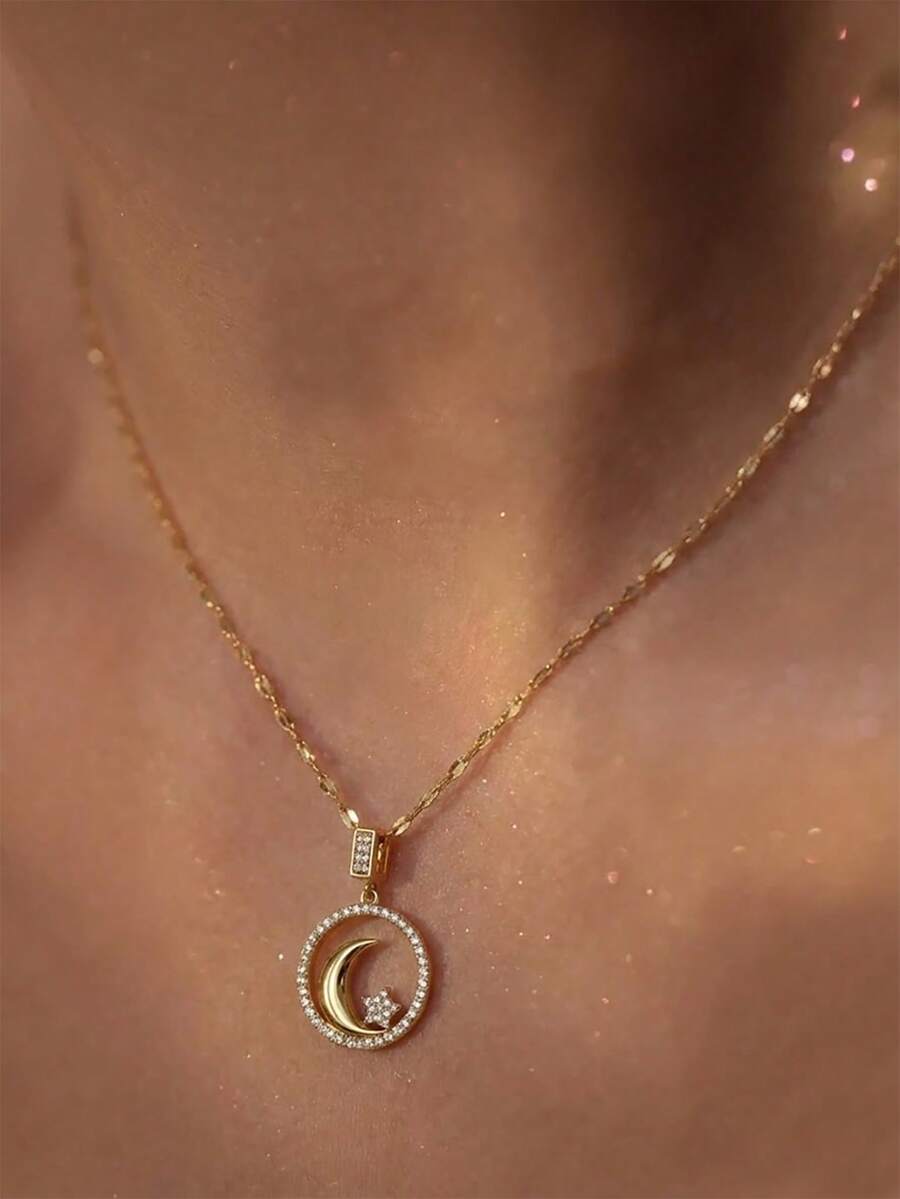 1 chiếc mặt dây chuyền hình trăng sao đính đá Cubic Zirconia tinh tế, dây chuyền đeo xương đòn, mặt dây chuyền hình tròn rỗng mạ vàng 18K, trang sức thiên thể, quà tặng thời trang cho nữ, trang sức tông vàng cho phái đẹp. - Vàng - Xem 1