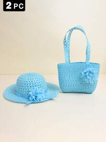 Set de 2 piezas de sombrero de paja con flores y bolso bandolera para niñas, conjunto ligero y transpirable de protección solar, adecuado para uso casual diario, exterior, playa, fiesta, regalo ideal para niños en el Día del Rey - 2 piezas - Ver 12