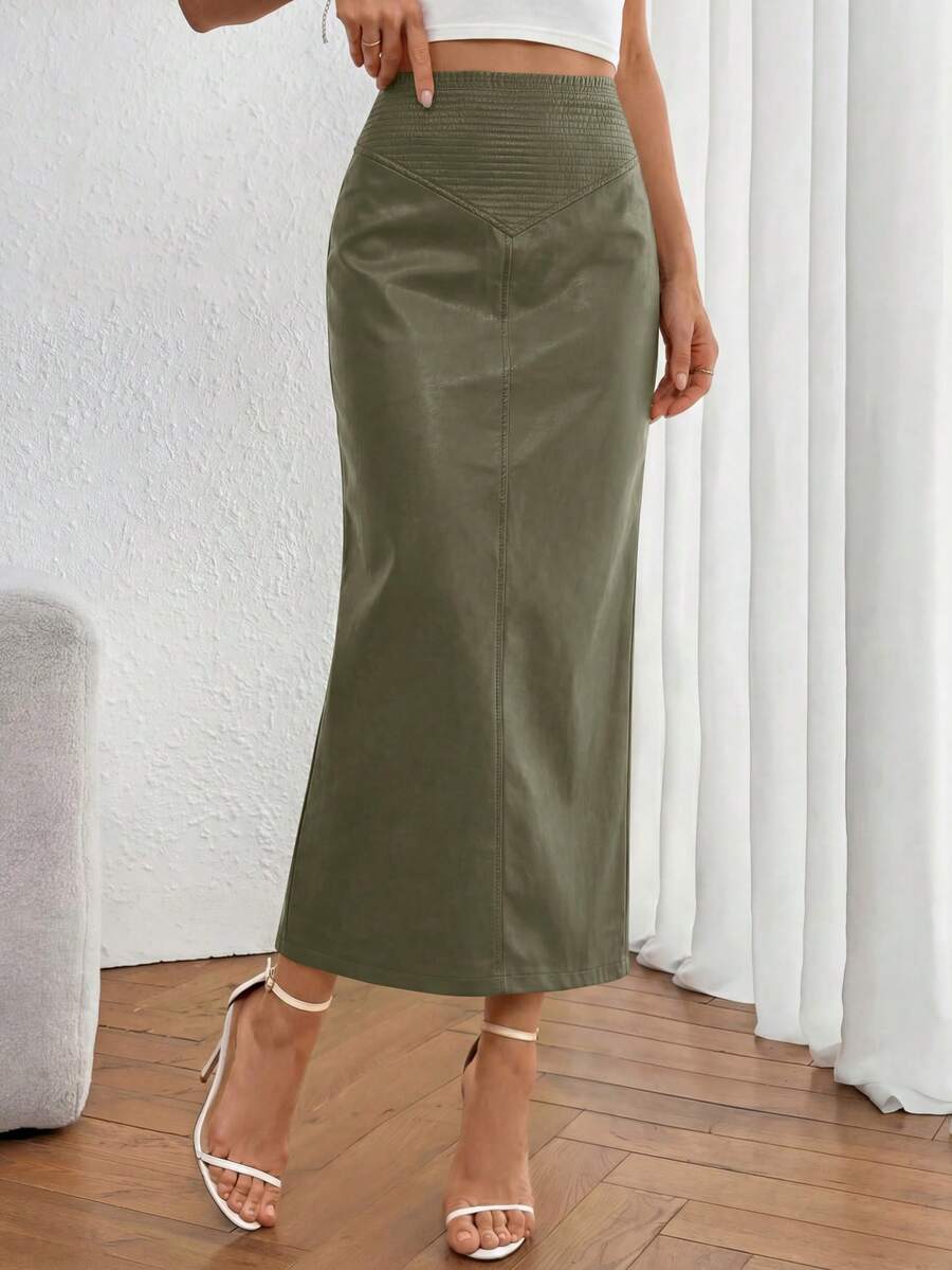 Women's New Fall Faux Leather Maxi Skirt, High Waist, Elegant Casual Pencil Maxi Skirt Slit Design New Years Valentine Vacation Skirt - 軍綠色 - 查看 1