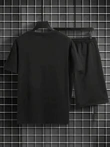 Simple Studio | 男士夏季休闲圆领短袖T恤和抽绳腰短裤套装 - 黑色 - 查看 5