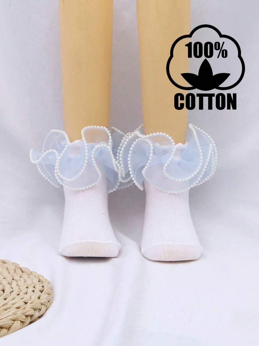 1 Pair Cotton Girls' Solid Color Lace Pearl Ruffle Dance Ankle Socks