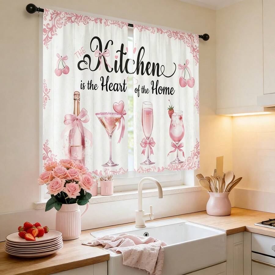 2Pcs Pink Bow Cute Kitchen Curtains Short Small Cute Women Girls Rod Pocket Kitchen Curtains Window Short Tier Blackout Curtains Home Decor 28x40in - A - View 1