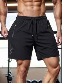 1pc Men's Lightweight Black Sports Shorts, Elastic Waist With Drawstring, Running Workout Shorts, Soft Fabric, Machine Washable, Summer Men's Running Training, Outdoor Football Sports Boyfriend Style Shorts - Black - View 1