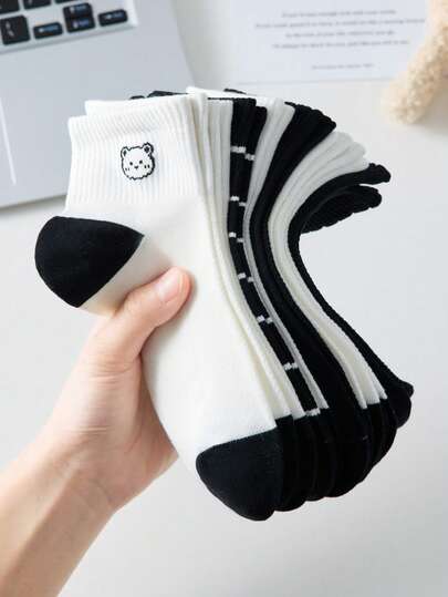 5 par damsöta, söta, björn- och rosettrandiga fotledsstrumpor, vita och svarta färger, insiderstil, bekväma, avslappnade, mittuppstoppade strumpor, skolsockor, slumpmässiga färger, lämpliga för vardagsbruk, alla årstider