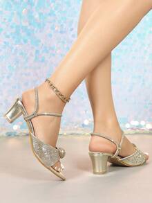 Giày sandal cao gót vừa phải, hở mũi, đính đá lấp lánh dành cho nữ, kiểu dáng sang trọng với khóa cài, mũi nhọn, gót dày, thích hợp cho các bữa tiệc mùa xuân/hè. - Vàng - Xem 5