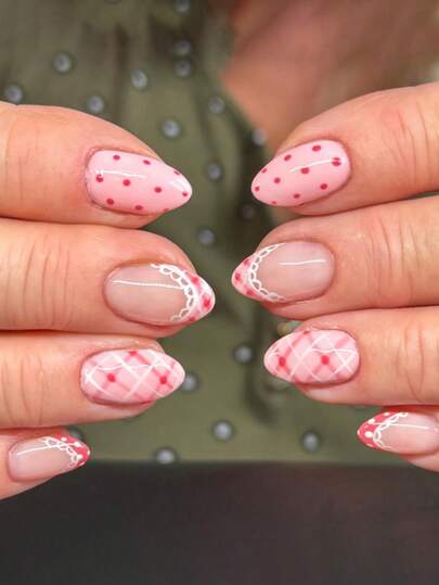 24pcs Strawberry Nails Press On Polka Dots Fake Nails False Nails Short Almond Shape Nails Art Press On Nails Manicure Set Includes 1sheet Adhesive Tabs & 1pc Mini File Perfect For Everyday Wvear