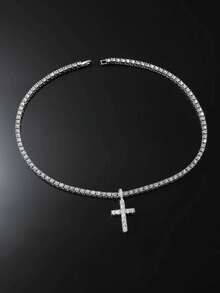 Men's Stylish Punk-Inspired Rhinestone Cross And Lightning Bolt Pendant Necklace, Perfect For Everyday Wear And Creating A Fashionable Look. - Multicolor - View 3