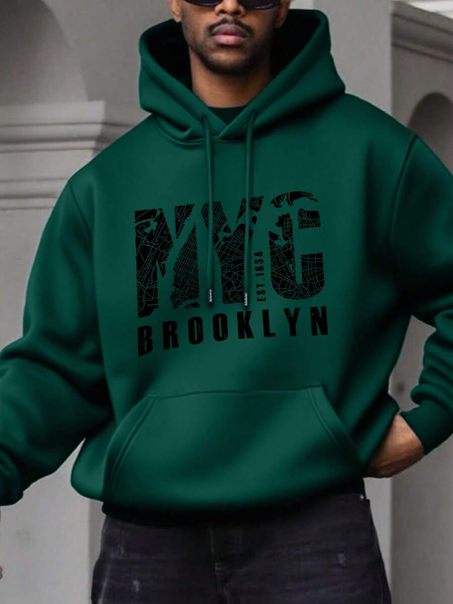 Hoodie Kasual Pria, Motif Slogan NYC, Saku dengan Tali Serut, Musim Semi/Gugur - Hijau - View 1