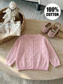 Girls Knitted Cardigan Long Sleeve Sweater Hollow Lightweight Jacket, Spring/Summer/Autumn - Pink - View 1