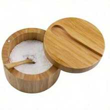 Bamboo Seasoning Box With Spoon Rotating Cover Bamboo Seasoning Pot Magnetic Suction Seasoning Pot Single Cell Salt Box, Food, Kitchen, Cooking, Seasoning, Spice, Party, Travel, Kitchen Items, Kitchen Tools, Kitchen Things. - Gold - View 3
