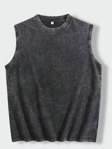 Men's Vintage Washed Black Sleeveless Tank Top,  Yugi Anime Graphic Print, Classic Japanese Trading Card Game Streetwear Muscle Shirt, Casual Loose Fit Cotton Blend Workout Vest For Anime Fans, Summer, And Daily Casual Outfits - 黑色 - 查看 3